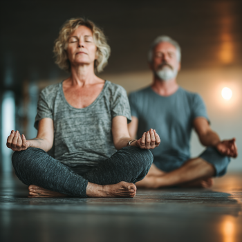 Gruppo di persone mature che praticano yoga in un ambiente rilassante