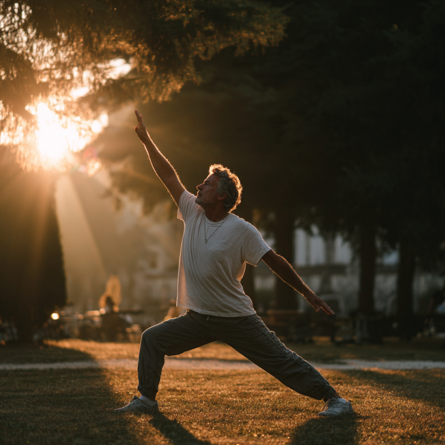 Persona matura che inizia il percorso yoga con movimenti dolci